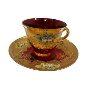 Vintage Murano Venetian Ruby Red Glass Cup Saucer Gold Gilt Enamel Flowers